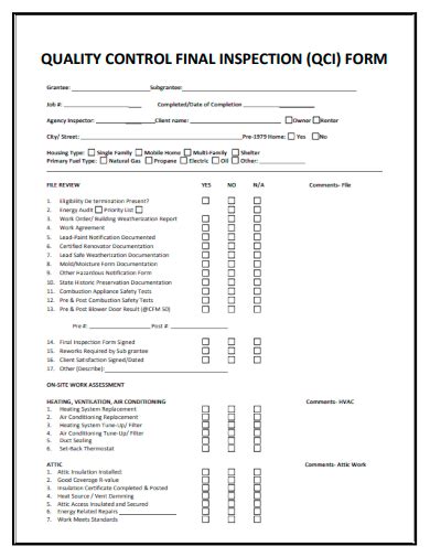 Quality Control Inspection Form Template .